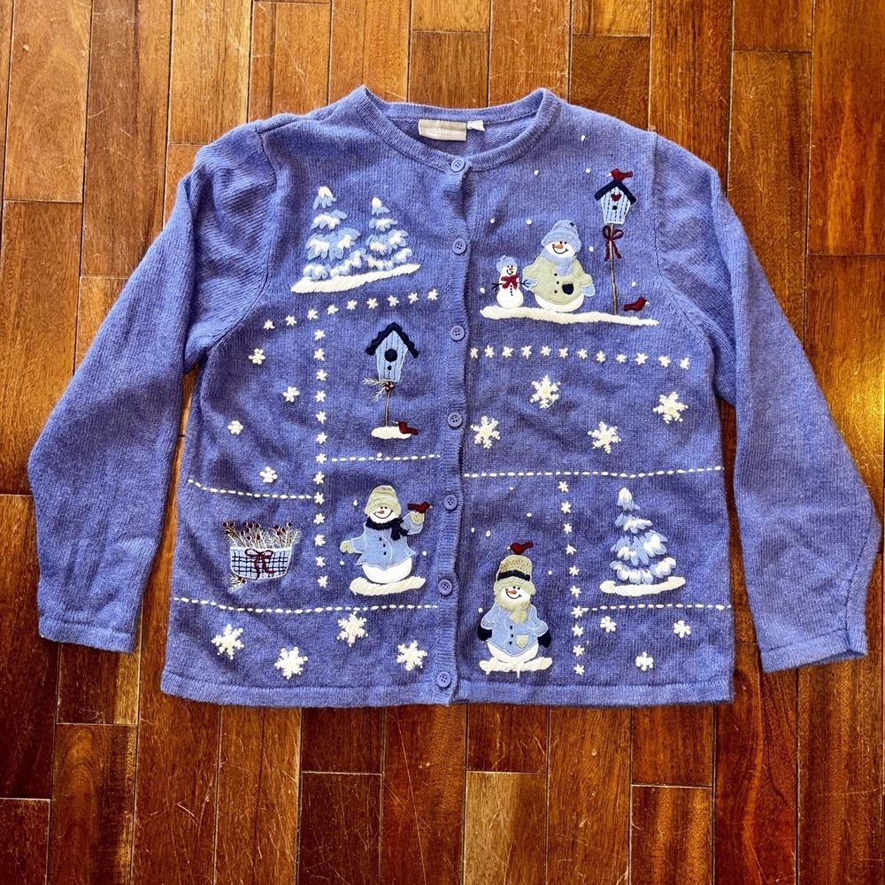 VTG 90s Y2K Christmas Snowman Grandma Granny Core Sweater Cardigan Women Sz 1X